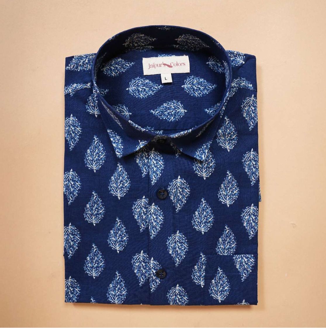 Indigo Leaf Print Cotton Shirt