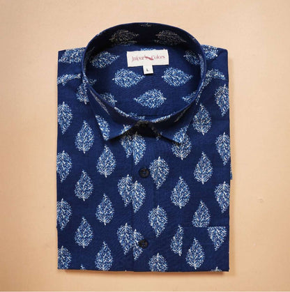 Indigo Leaf Print Cotton Shirt