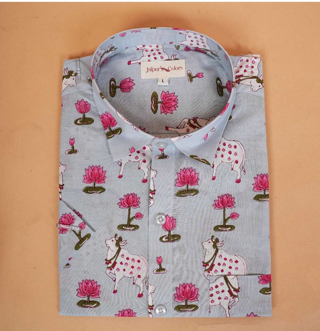 Lotus & Cow Motif Cotton Shirt