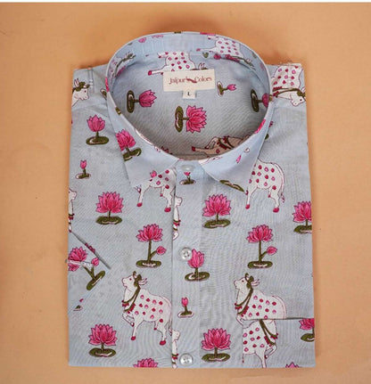 Lotus & Cow Motif Cotton Shirt