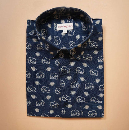 Indigo Elephant Motif Cotton Shirt