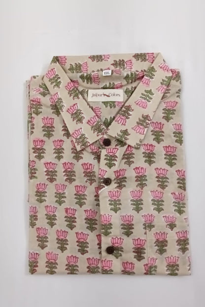 Pink Floral Handblock Full-Sleeve Cotton Shirt