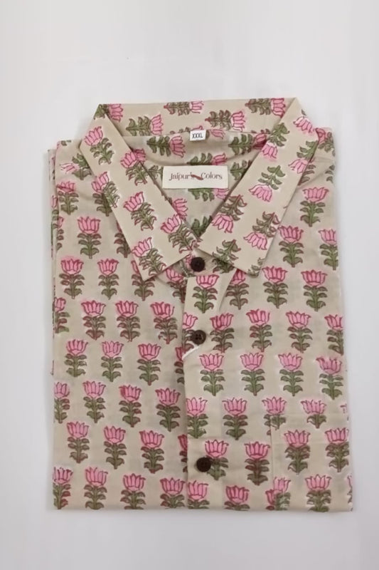 Pink Floral Handblock Full-Sleeve Cotton Shirt