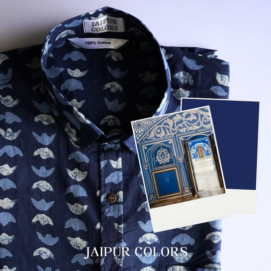 Men's Indigo Cotton Half-Sleeve Shirt with Crescent Pattern
