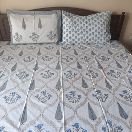Blue and Grey Percale Cotton 300 TC Bedsheet